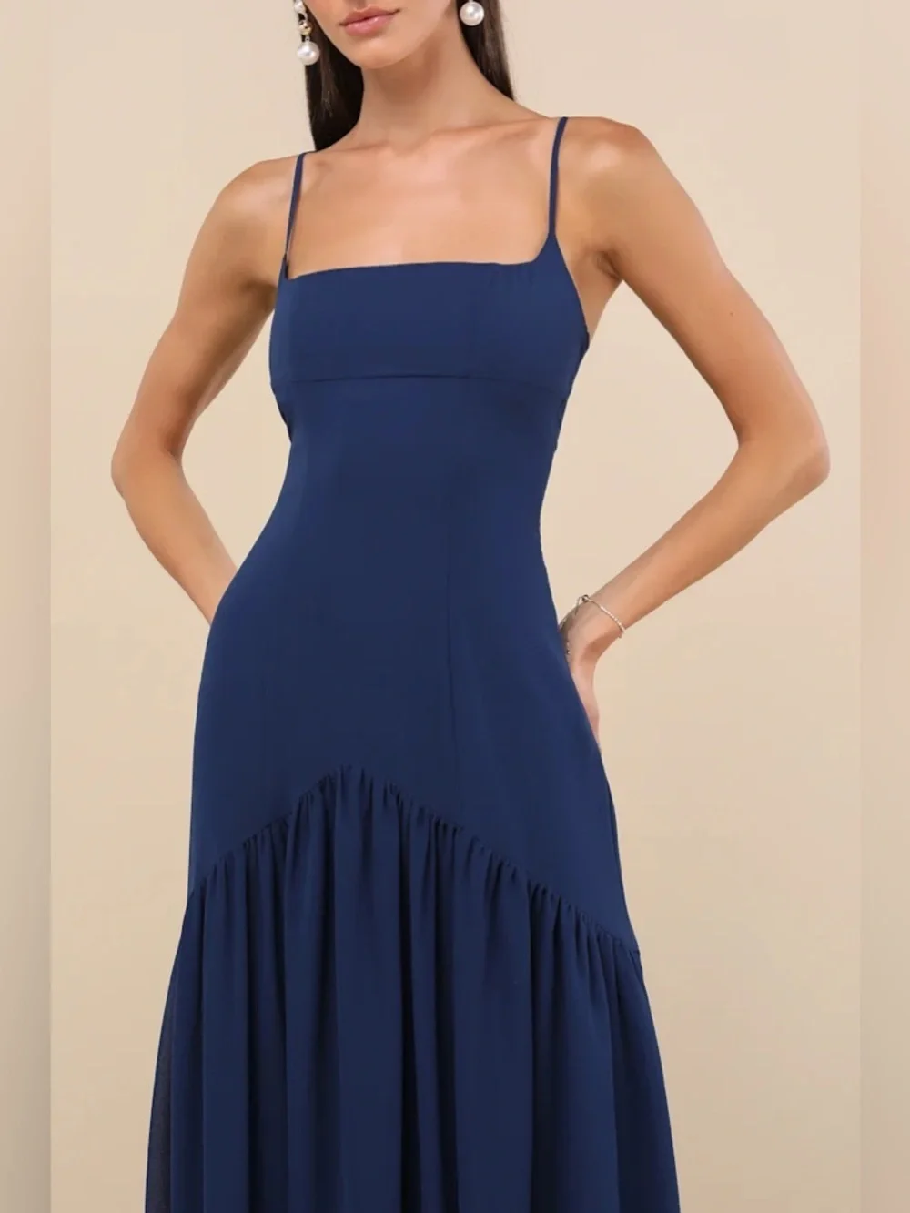 Lulus Auria Navy Blue Chiffon Drop Waist Maxi Dress